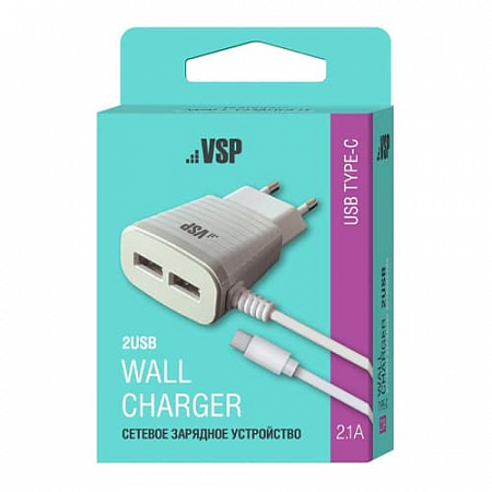 СЗУ BoraSCO 2 USB, 2,1A, с кабелем Type-C Белый